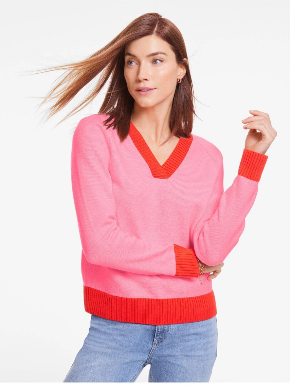 Talbots Colorblock Pink V-Neck Sweater with Red Trim
